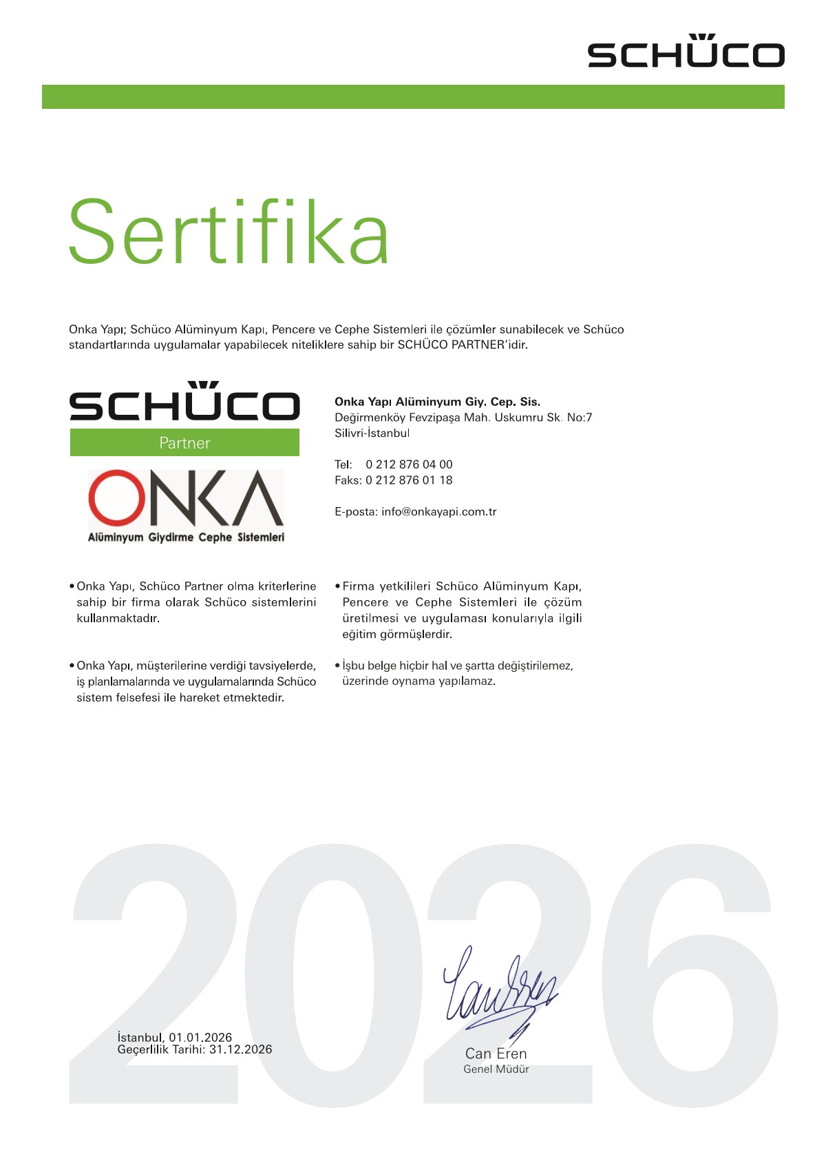 Onka Yapı Sertifikası 2026